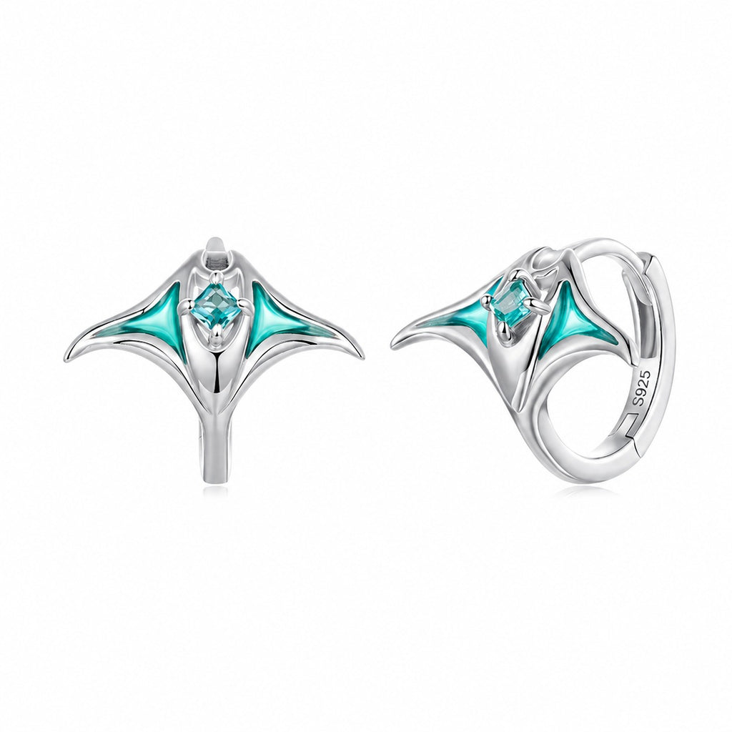 Lumina Sky 925 Sterling Silver Green Epoxy Manta Ray Hoop Earrings