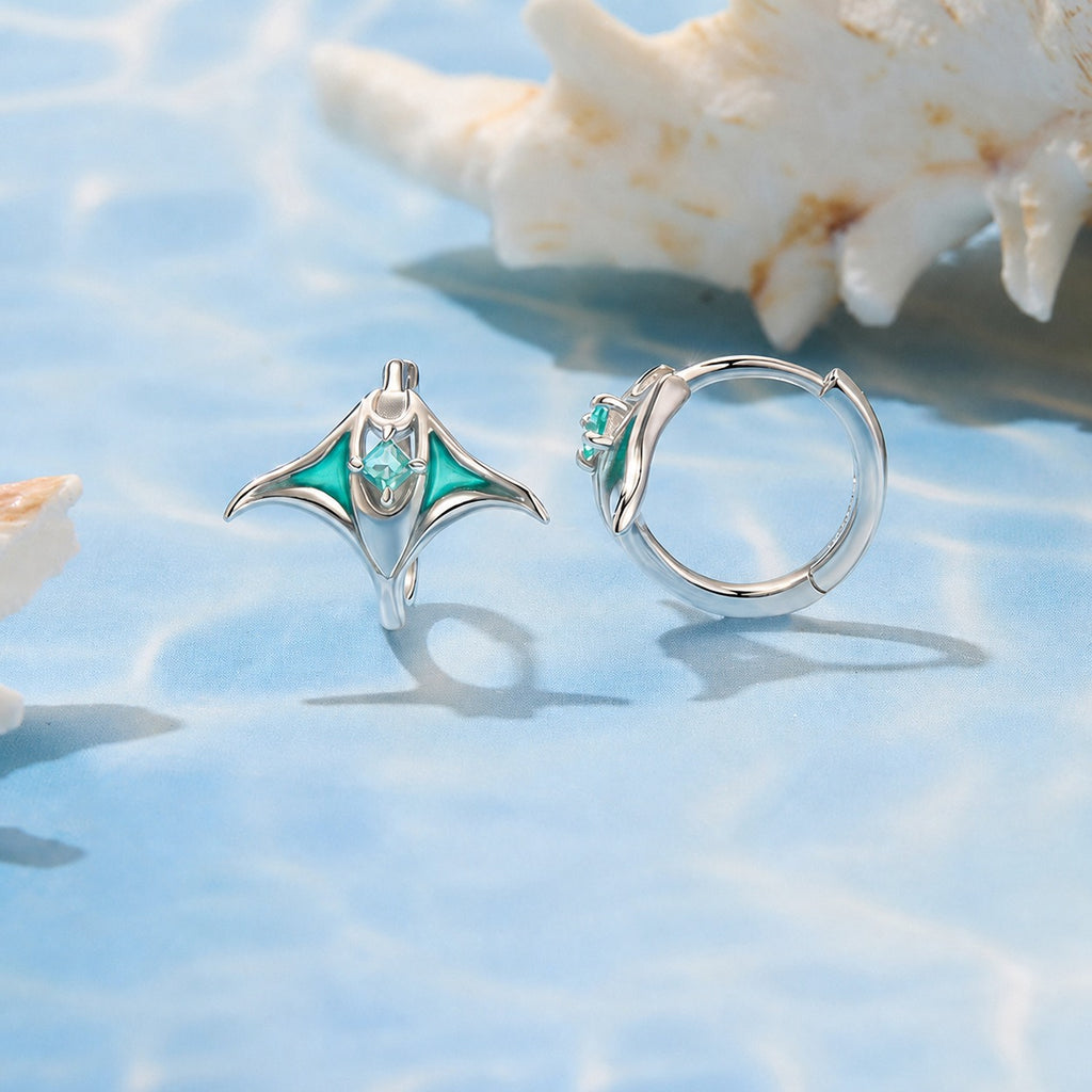Lumina Sky 925 Sterling Silver Green Epoxy Manta Ray Hoop Earrings