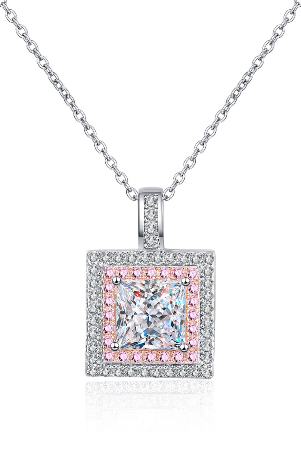 Sensa Moderna 1 Carat Moissanite 925 Sterling Silver Square Pendant Chain Necklace