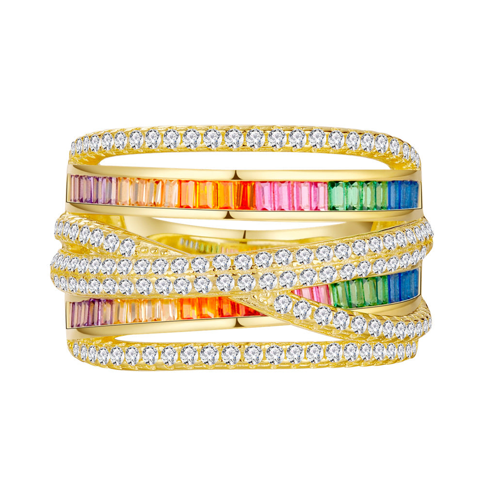 Lumina Splash Cubic Zirconia 925 Sterling Silver Multi-Layer Cross Ring