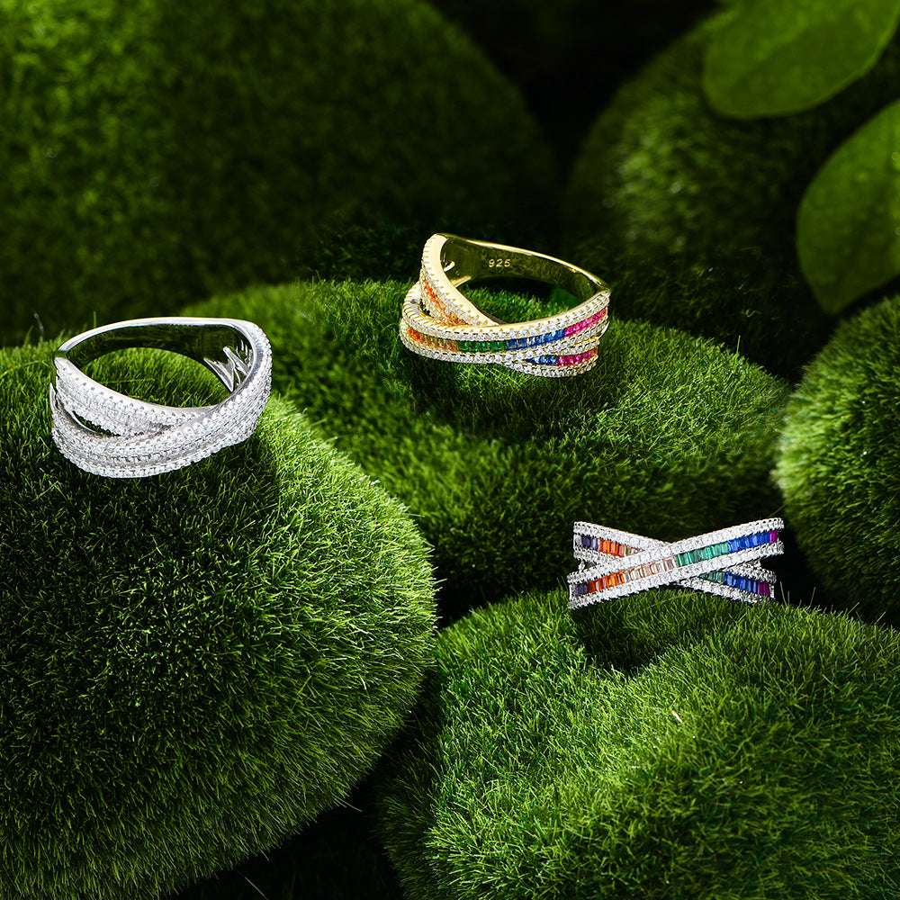 Lumina Splash Cubic Zirconia 925 Sterling Silver Rainbow Cross Ring