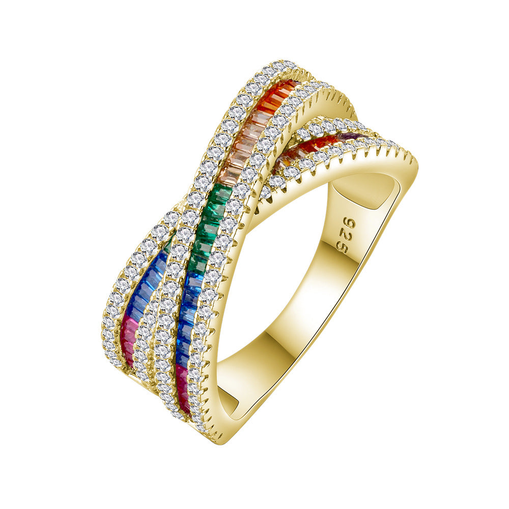 Lumina Splash Cubic Zirconia 925 Sterling Silver Rainbow Cross Ring