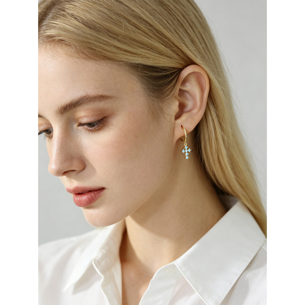 Lumina Splash Cubic Zirconia 925 Sterling Silver Cross Drop Hoop Earrings