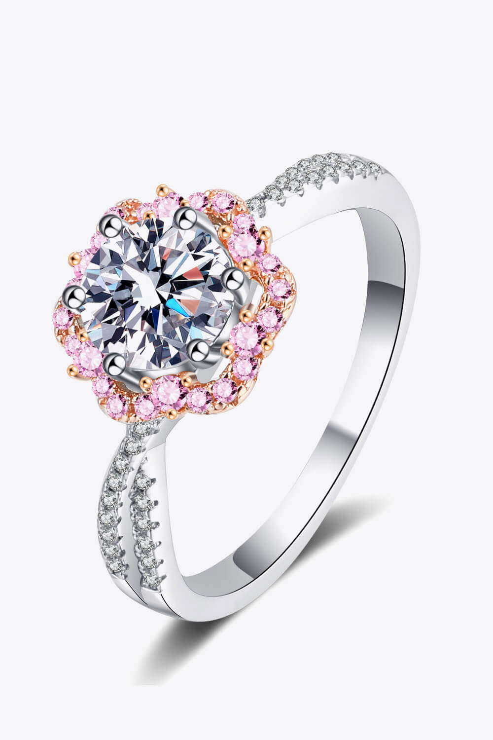 Sensa Moderna 1 Carat Moissanite 925 Sterling Silver Flower Halo Crisscross Ring