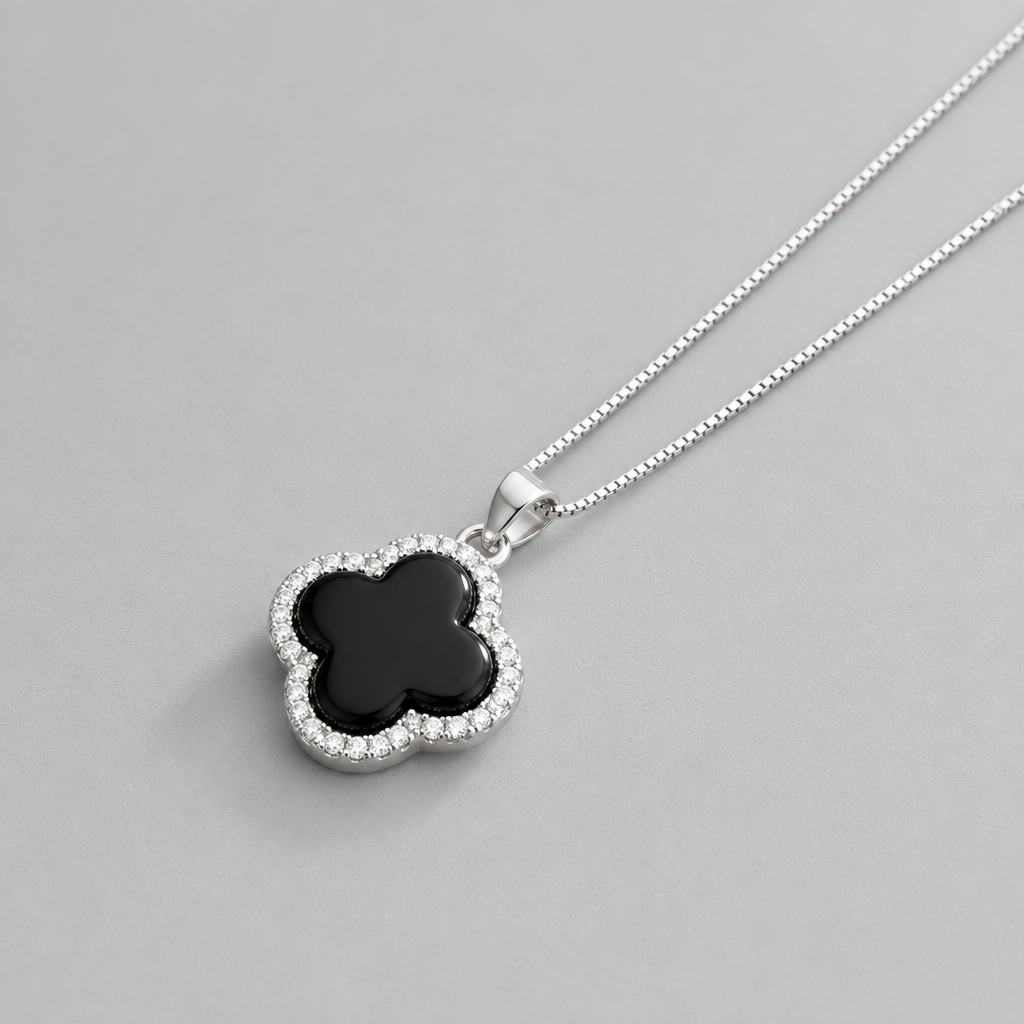 Black Agate Clover Necklace - Gray