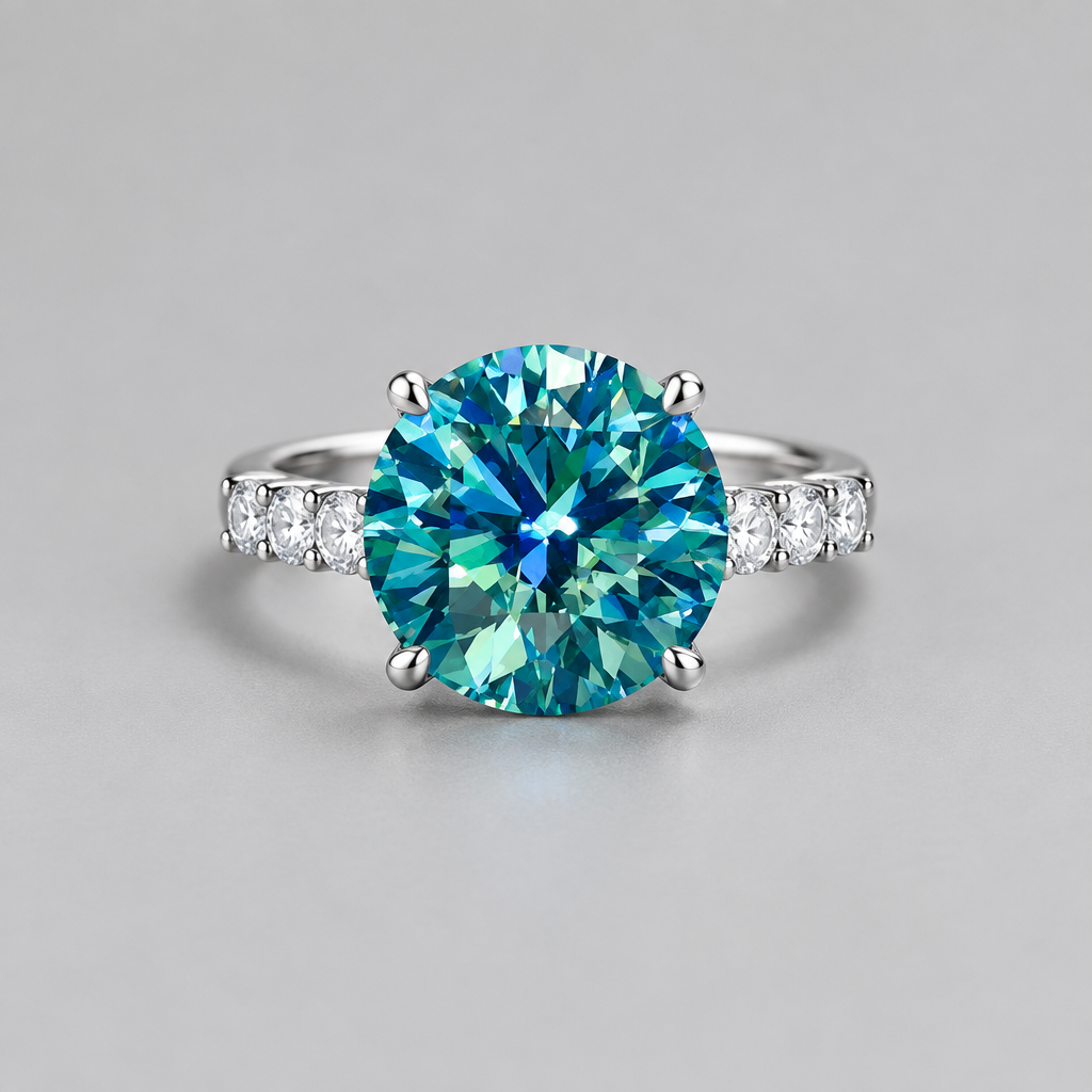 Sensa Moderna 10 Carat Blue-Green Moissanite 925 Sterling Silver Solitaire Ring