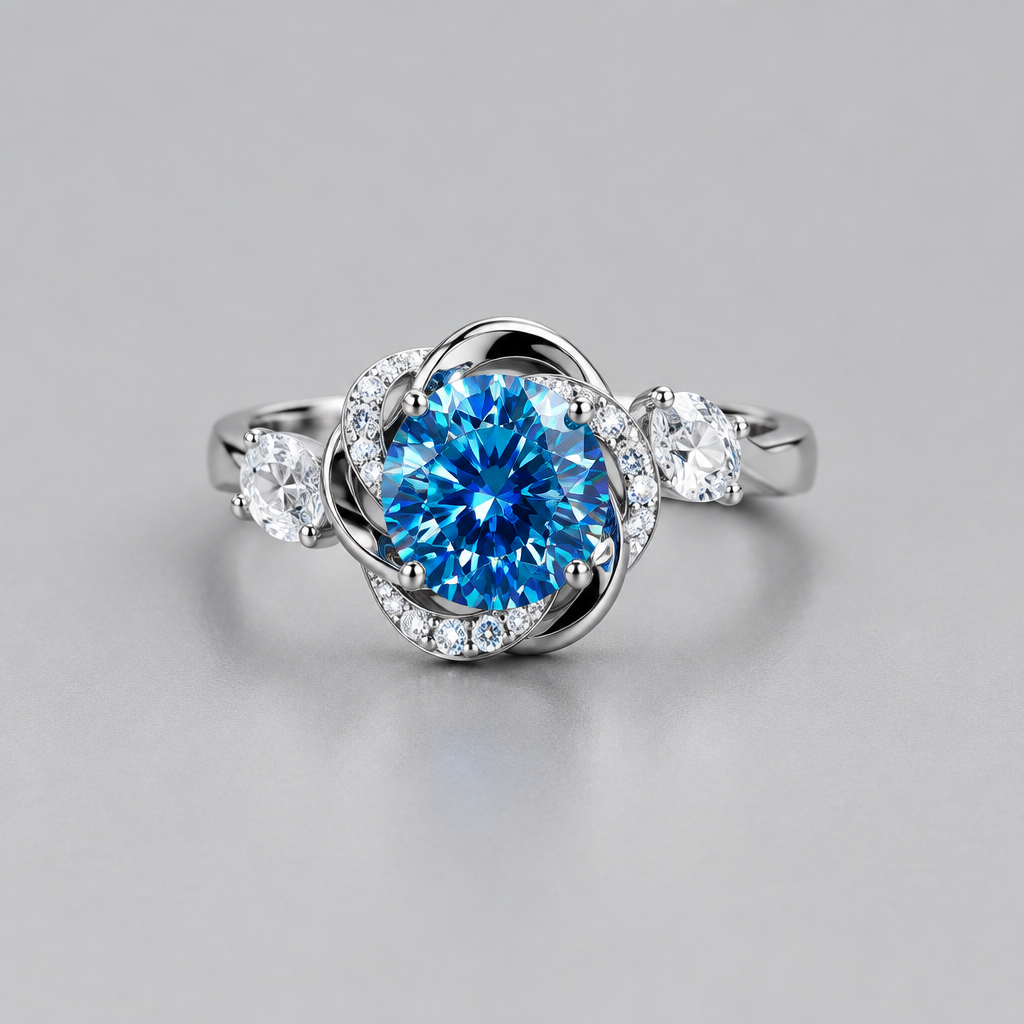 Sensa Moderna 3 Carat Blue Moissanite 925 Sterling Silver Swirl Frame Ring