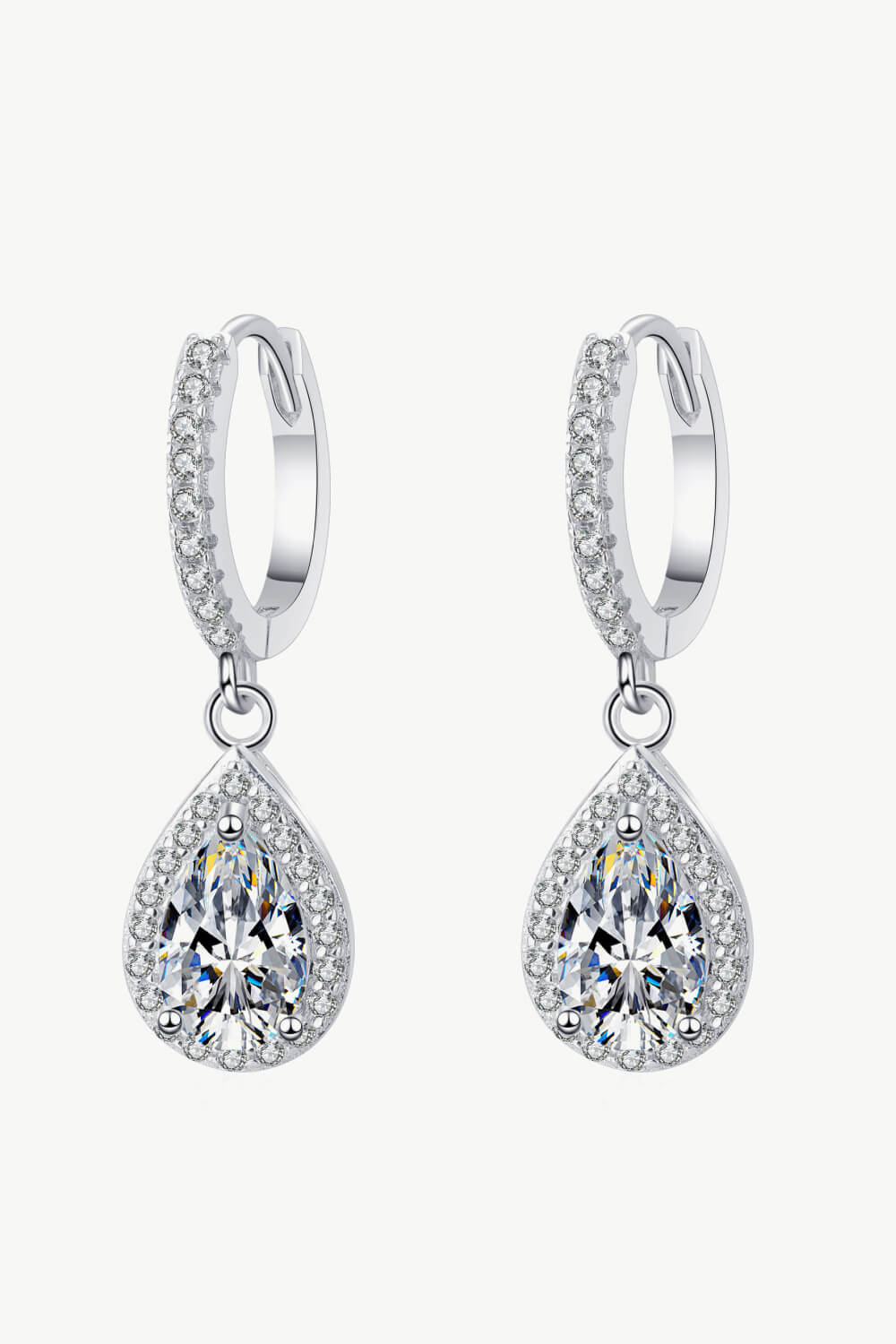 Sensa Moderna 2 Carat Moissanite 925 Sterling Silver Pear Halo Drop Huggie Earrings