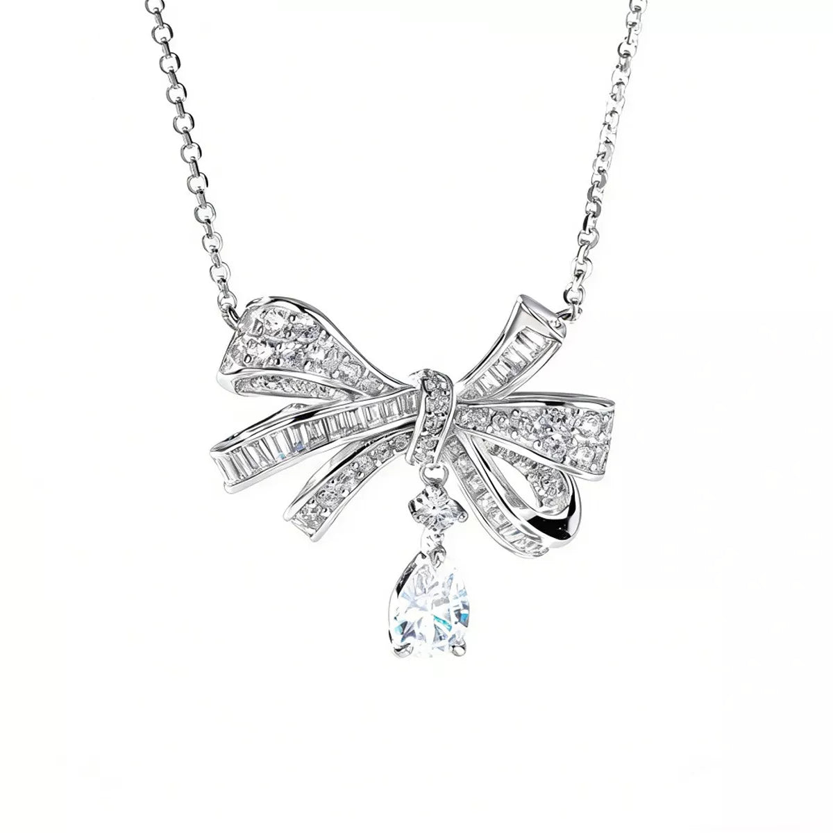 Sensa Moderna Zircon 925 Sterling Silver Bow Teardrop Necklace