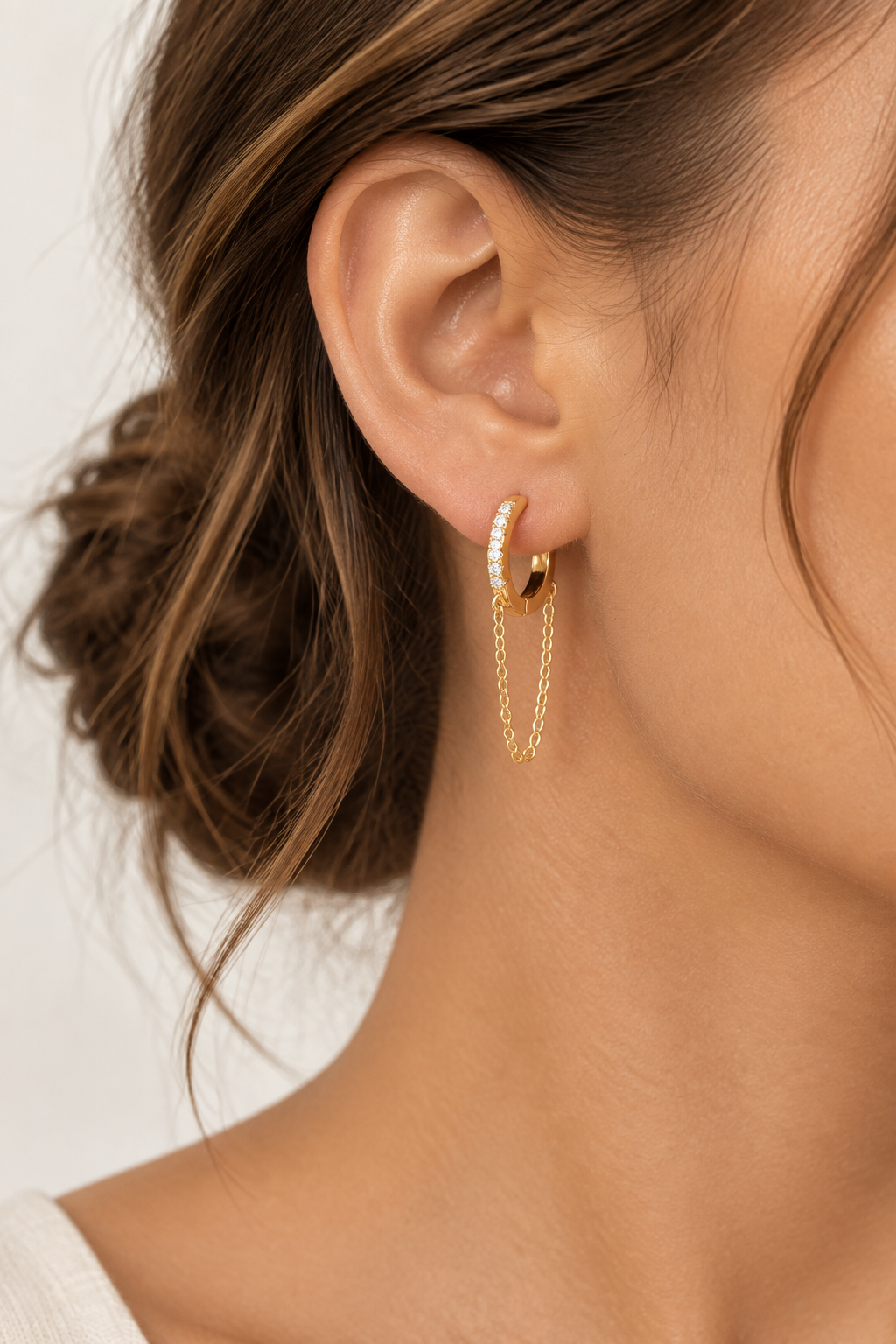 Gold Huggie Chain Earring - Model