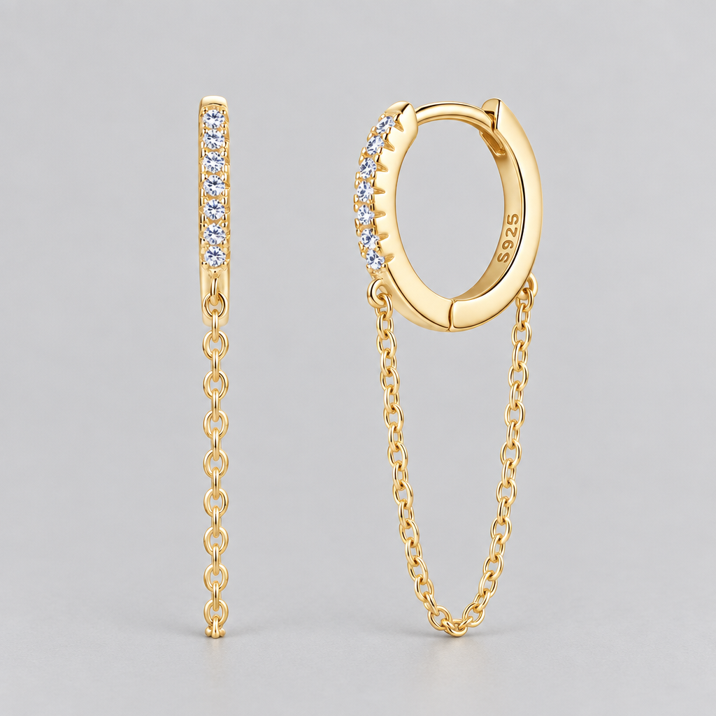 Gold Huggie Chain Earrings - Gray