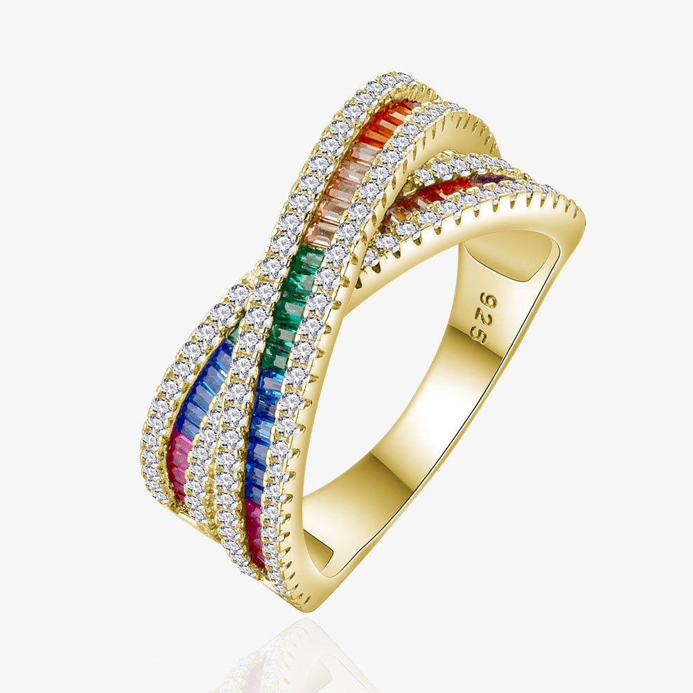 Lumina Splash Cubic Zirconia 925 Sterling Silver Rainbow Cross Ring