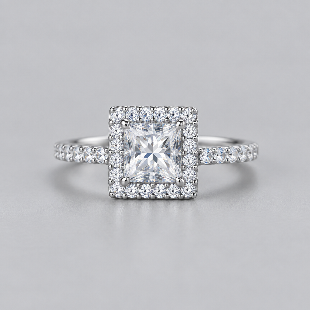 Sensa Moderna 1 Carat Moissanite 925 Sterling Silver Princess Halo Pavé Ring