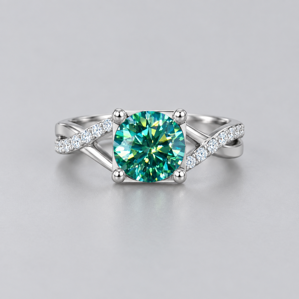 Sensa Moderna 1 Carat Teal Moissanite 925 Sterling Silver Twist Pavé Ring