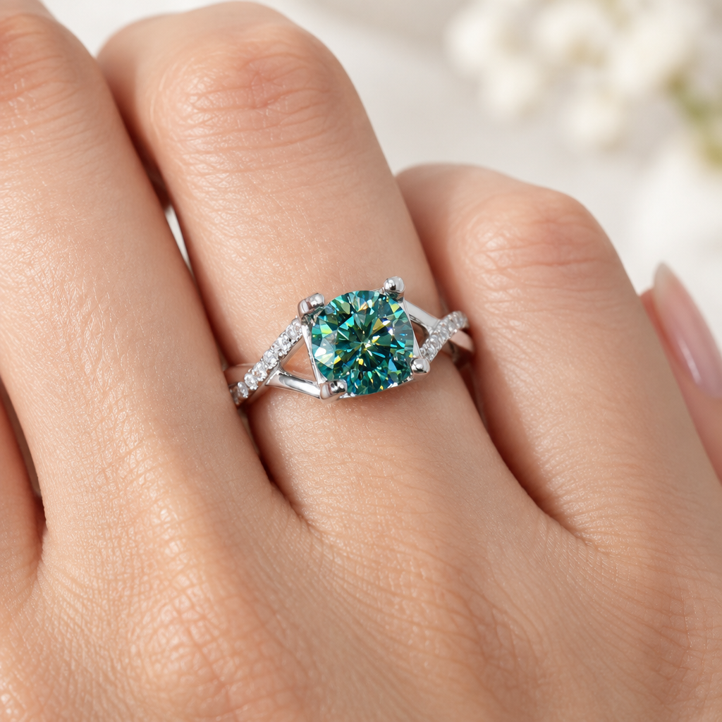 Teal Moissanite Twist Ring - Hand